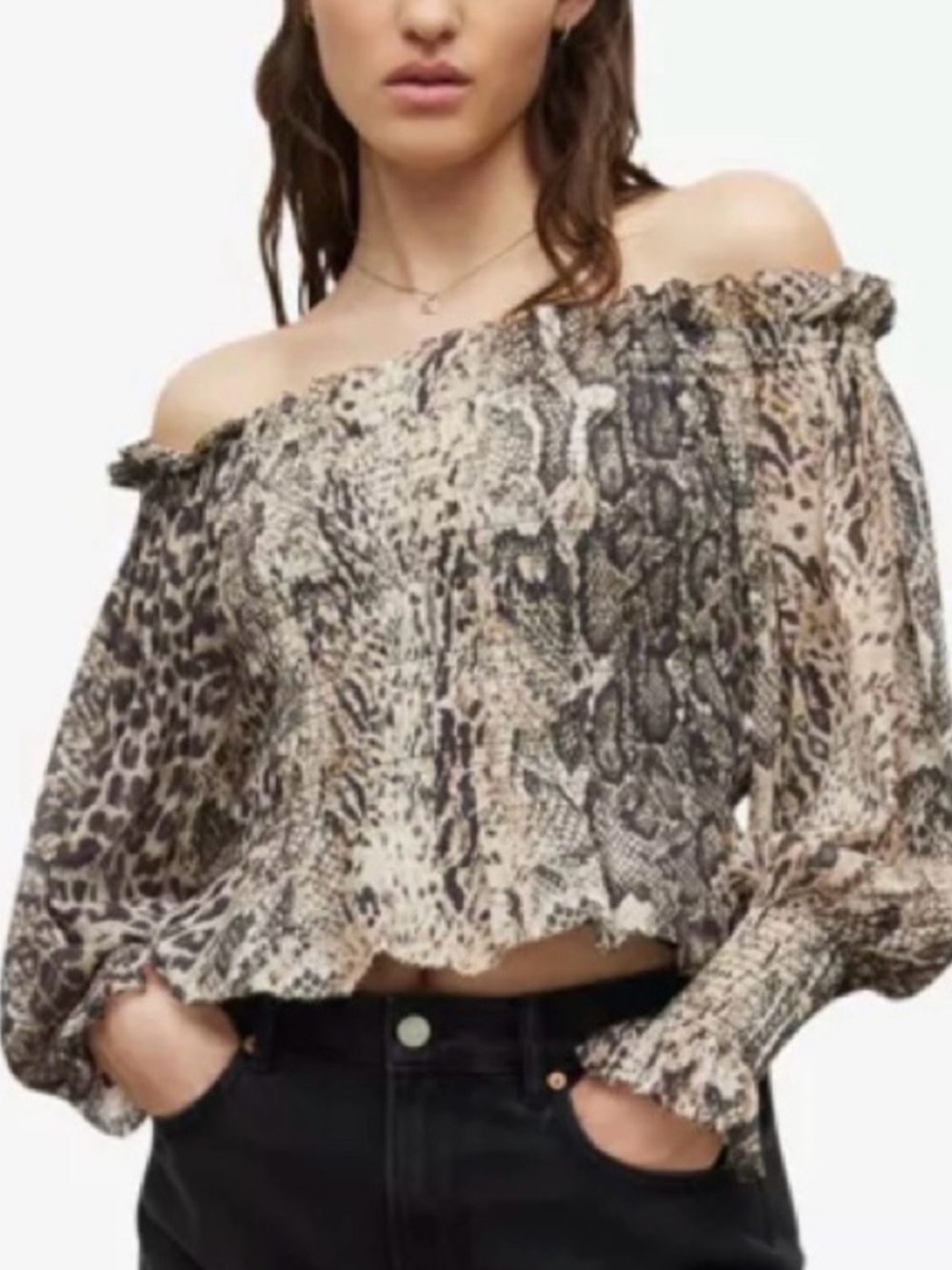 EUC! ALL SAINTS Lara Noche Off Shoulder Snake Print Smocked Top